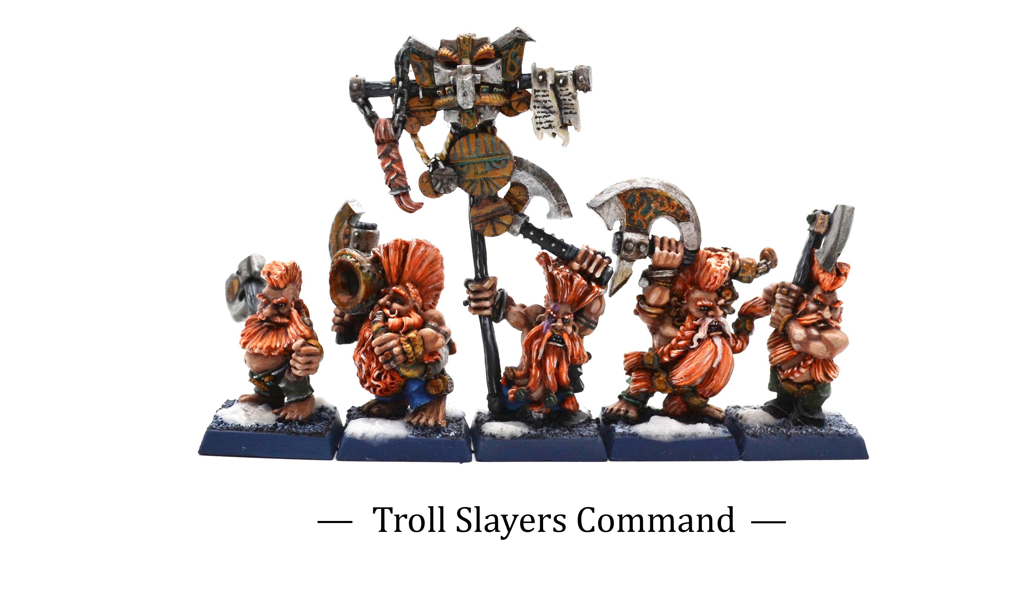 Warhammer Old World Dwarfen Mountain Holds Troll Slayers command miniatures painted by commission painter.